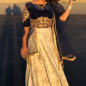 Navy, cream and gold velvet embroidered lehenga